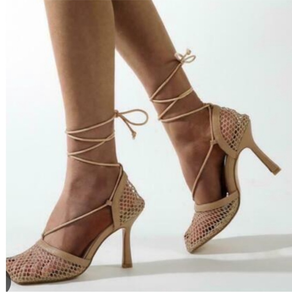 NEW Gianni Bini “Reagan” Mesh and Leather Lilac Ankle Wrap Square Toe Pumps NWT - Picture 2 of 2